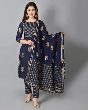 women floral print straight kurta with pants & dupatta