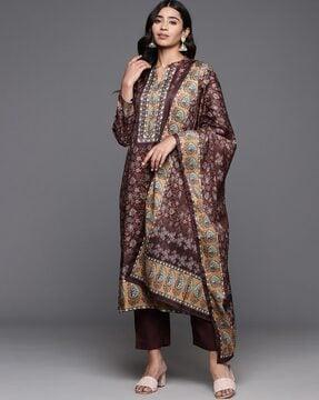 women floral print straight kurta with pants & dupatta