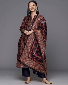 women floral print straight kurta with pants & dupatta