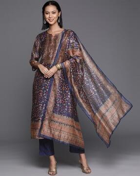 women floral print straight kurta with pants & dupatta