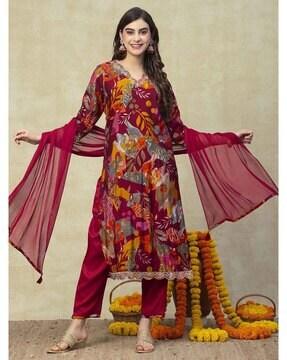 women floral print straight kurta with pants & dupatta