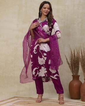 women floral print straight kurta with pants & dupatta