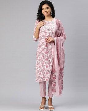 women floral print straight kurta with pants & dupatta