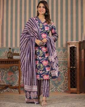 women floral print straight kurta with pants & dupatta