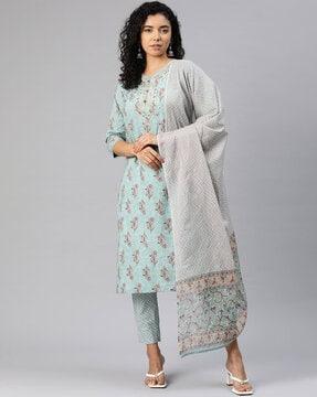 women floral print straight kurta with pants & dupatta