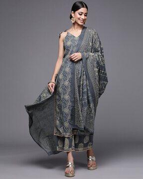 women floral print straight kurta with pants & dupatta