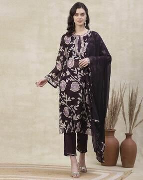 women floral print straight kurta with pants & dupatta