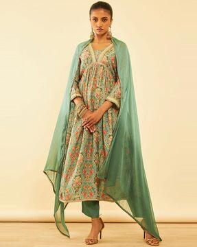 women floral print straight kurta with pants & dupatta