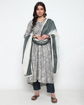 women floral print straight kurta with pants & dupatta