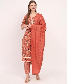 women floral print straight kurta with pants & dupatta