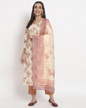 women floral print straight kurta with pants & dupatta