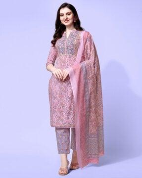 women floral print straight kurta with pants & dupatta