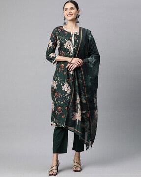 women floral print straight kurta with pants & dupatta