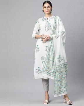 women floral print straight kurta with pants & dupatta