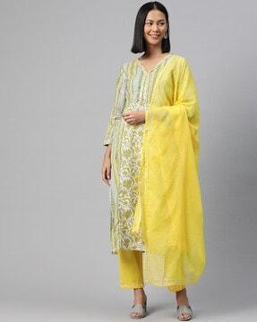 women floral print straight kurta with pants & dupatta