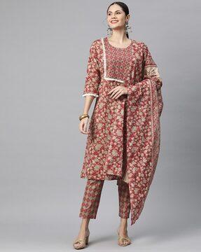 women floral print straight kurta with pants & dupatta