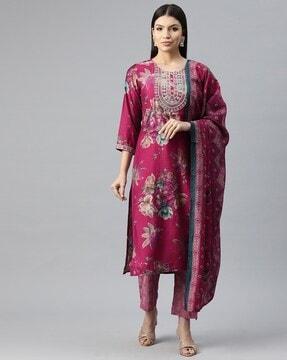 women floral print straight kurta with pants & dupatta