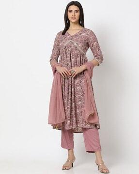 women floral print straight kurta with pants & dupatta