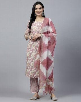 women floral print straight kurta with pants & dupatta