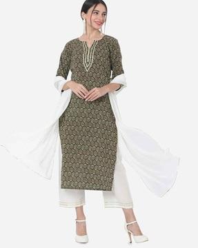 women floral print straight kurta with pants & dupatta