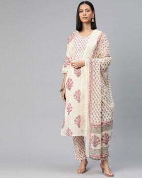 women floral print straight kurta with pants & dupatta