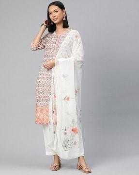 women floral print straight kurta with pants & dupatta