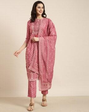 women floral print straight kurta with pants & dupatta