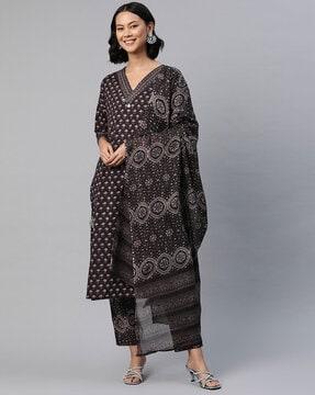 women floral print straight kurta with pants & dupatta