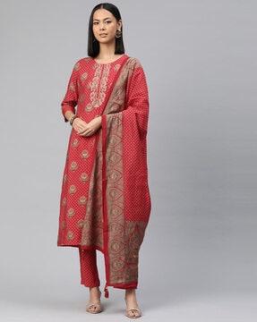 women floral print straight kurta with pants & dupatta