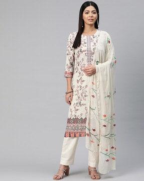 women floral print straight kurta with pants & dupatta