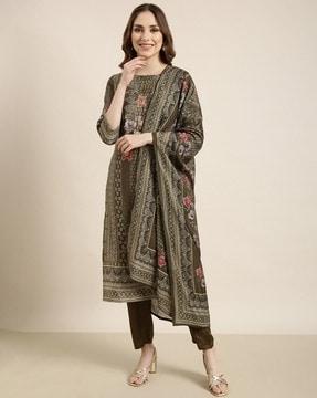 women floral print straight kurta with pants & dupatta