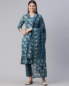 women floral print straight kurta with pants & dupatta