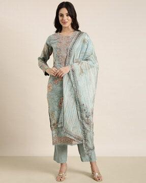 women floral print straight kurta with pants & dupatta