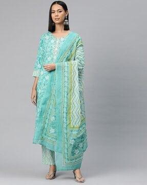 women floral print straight kurta with pants & dupatta