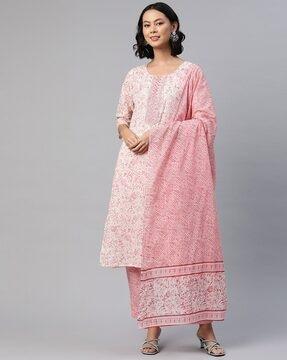 women floral print straight kurta with pants & dupatta