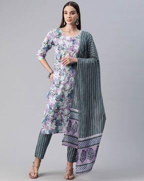 women floral print straight kurta with pants & dupatta