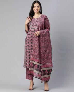 women floral print straight kurta with pants & dupatta