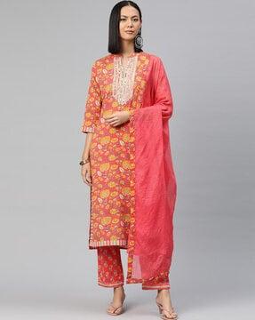 women floral print straight kurta with pants & dupatta