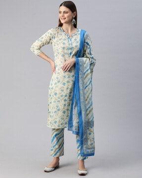 women floral print straight kurta with pants & dupatta