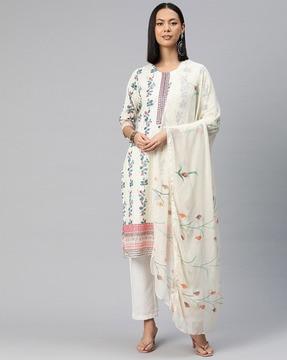 women floral print straight kurta with pants & dupatta