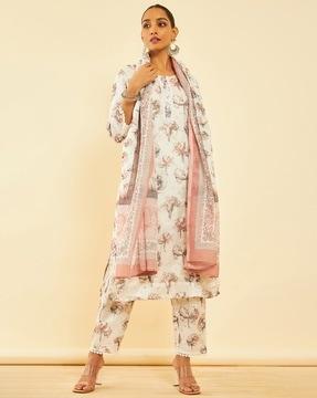 women floral print straight kurta with pants & dupatta