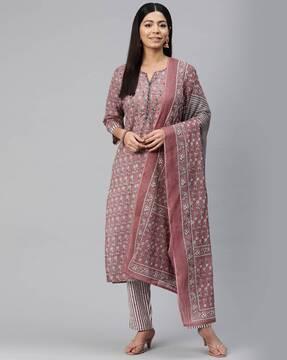 women floral print straight kurta with pants & dupatta