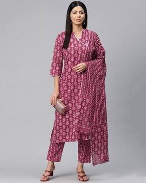 women floral print straight kurta with pants & dupatta