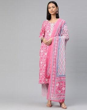 women floral print straight kurta with pants & dupatta