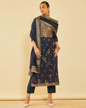 women floral print straight kurta with pants & dupatta