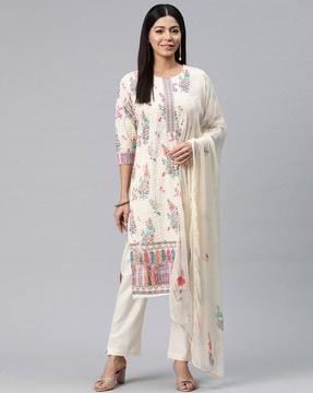 women floral print straight kurta with pants & dupatta