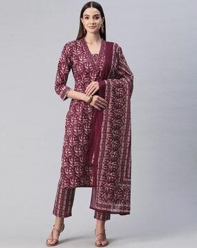 women floral print straight kurta with pants & dupatta