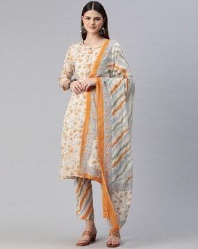 women floral print straight kurta with pants & dupatta