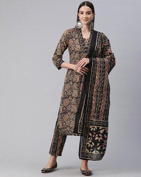 women floral print straight kurta with pants & dupatta