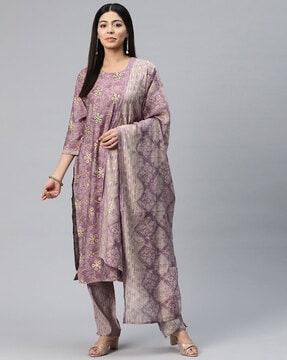 women floral print straight kurta with pants & dupatta